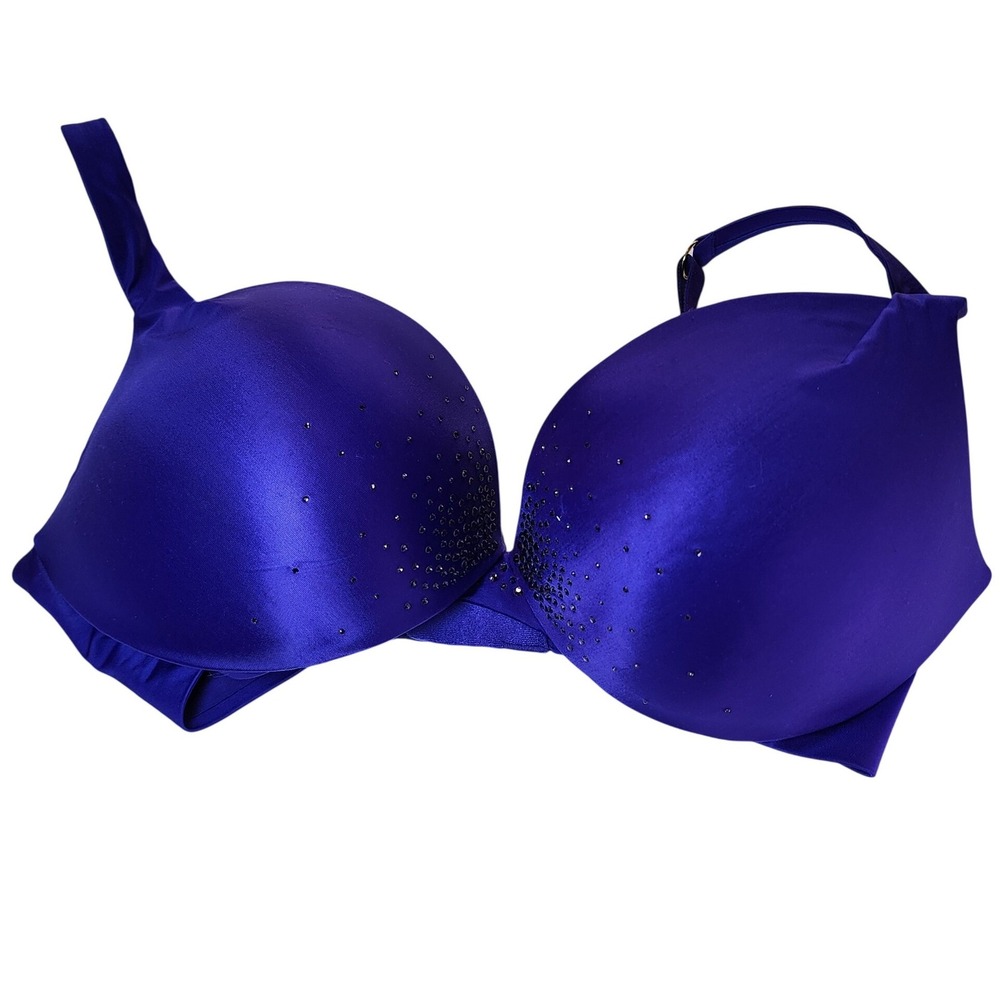 Victoria's Secret 34DDD Royal Blue Rhinestone Plunge Bra Padded Crystal
